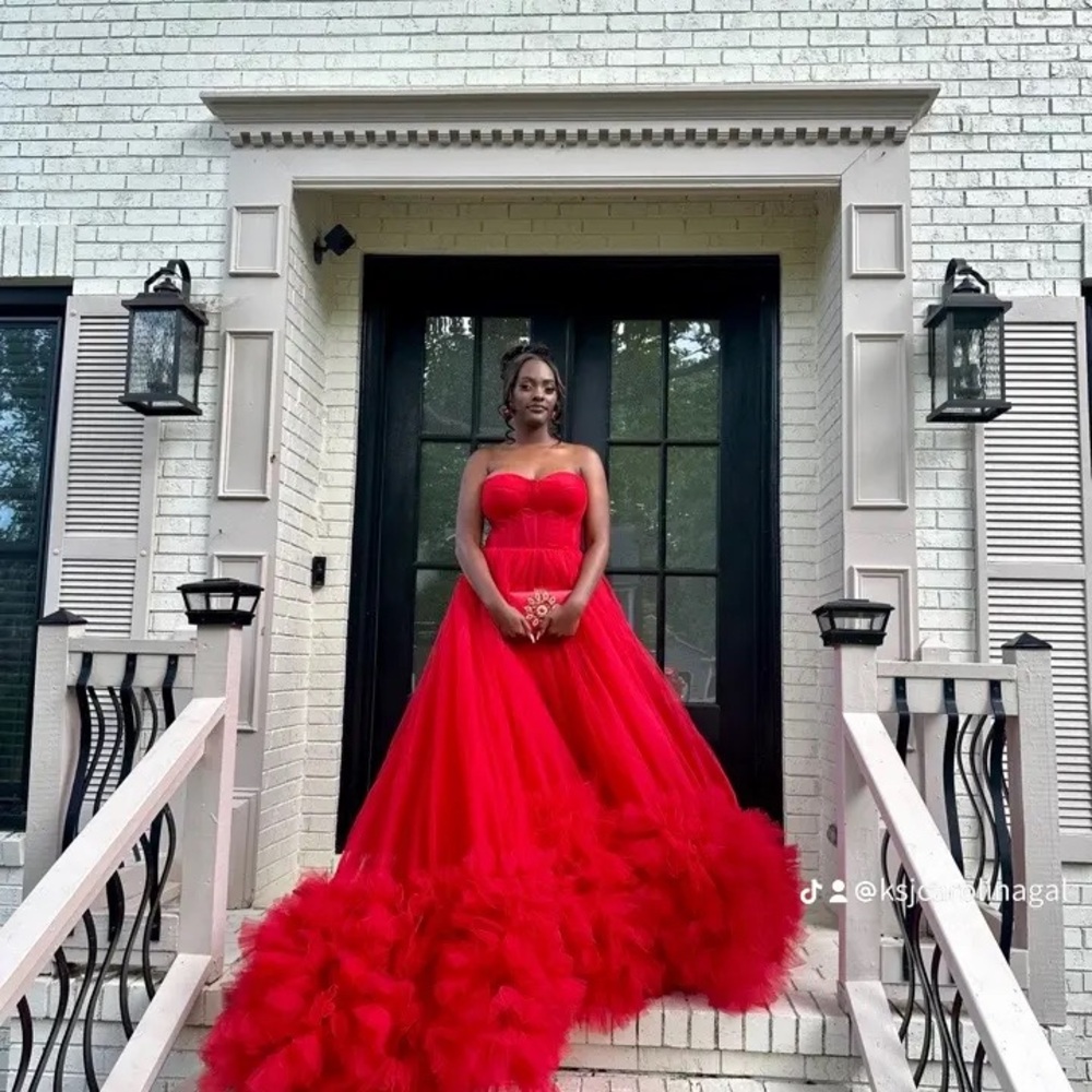 Tarik Ediz Red Strapless Ruffled Gown - Picture 4 of 5